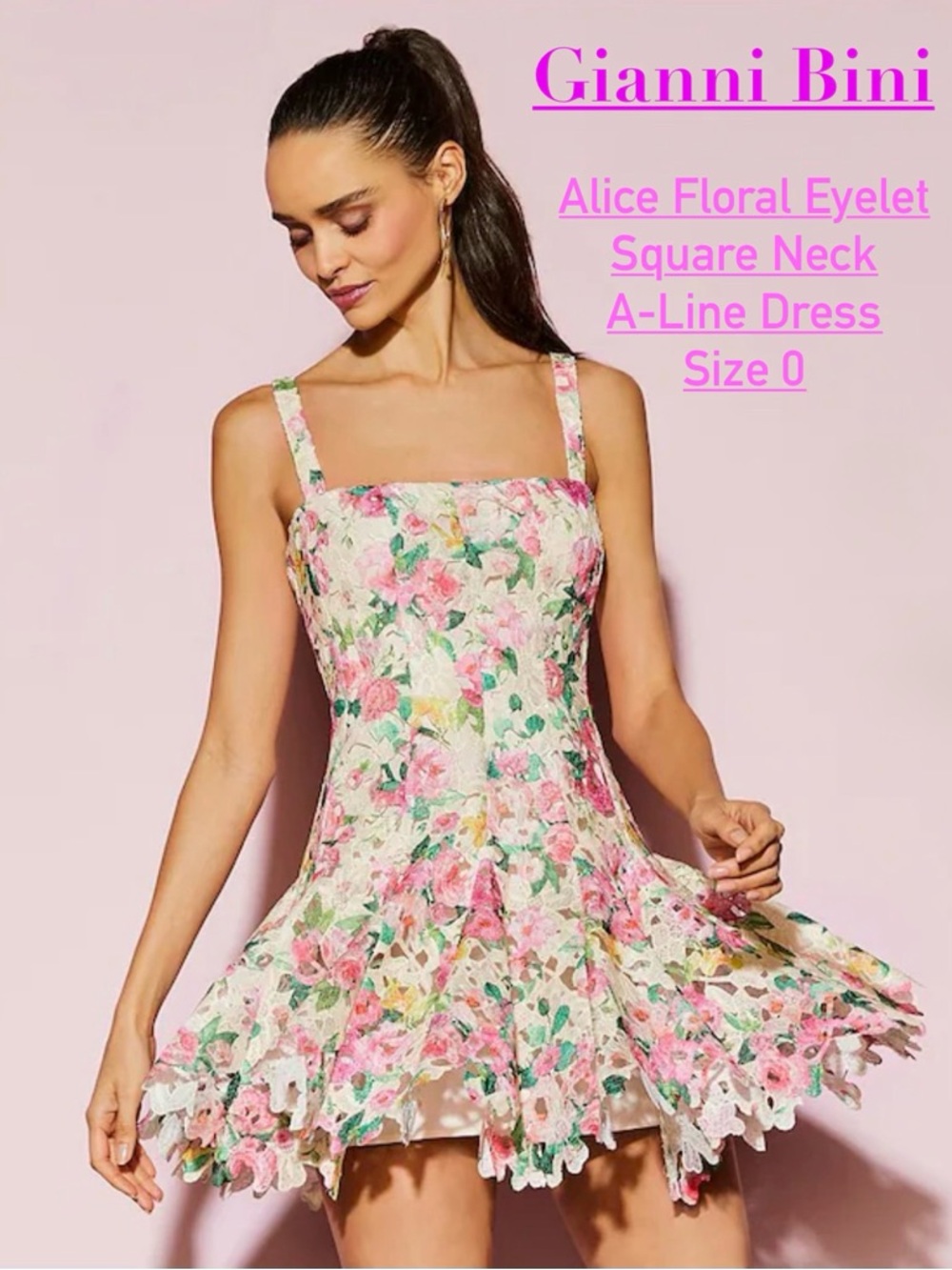 Gianni Bini Pink and Green Floral Eyelet Square Neck A-Line Dress